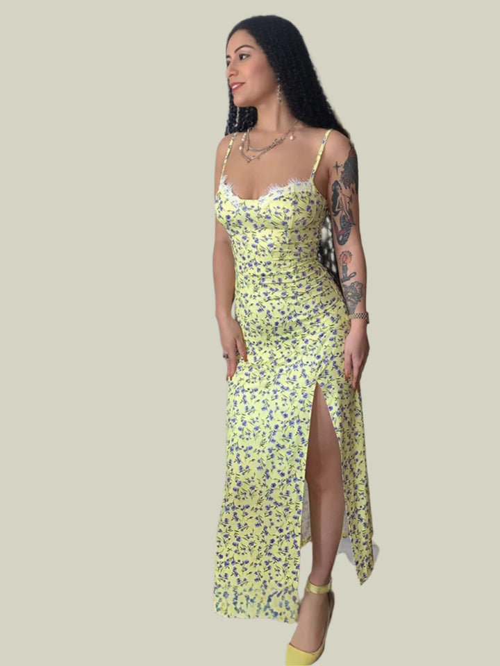 Yellow Lace Detail At Bust High Slit Midi Dress