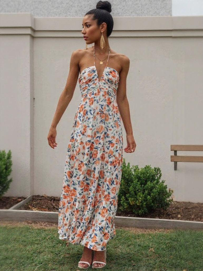 Multi Halter Neck Fit And Flare Maxi Dress