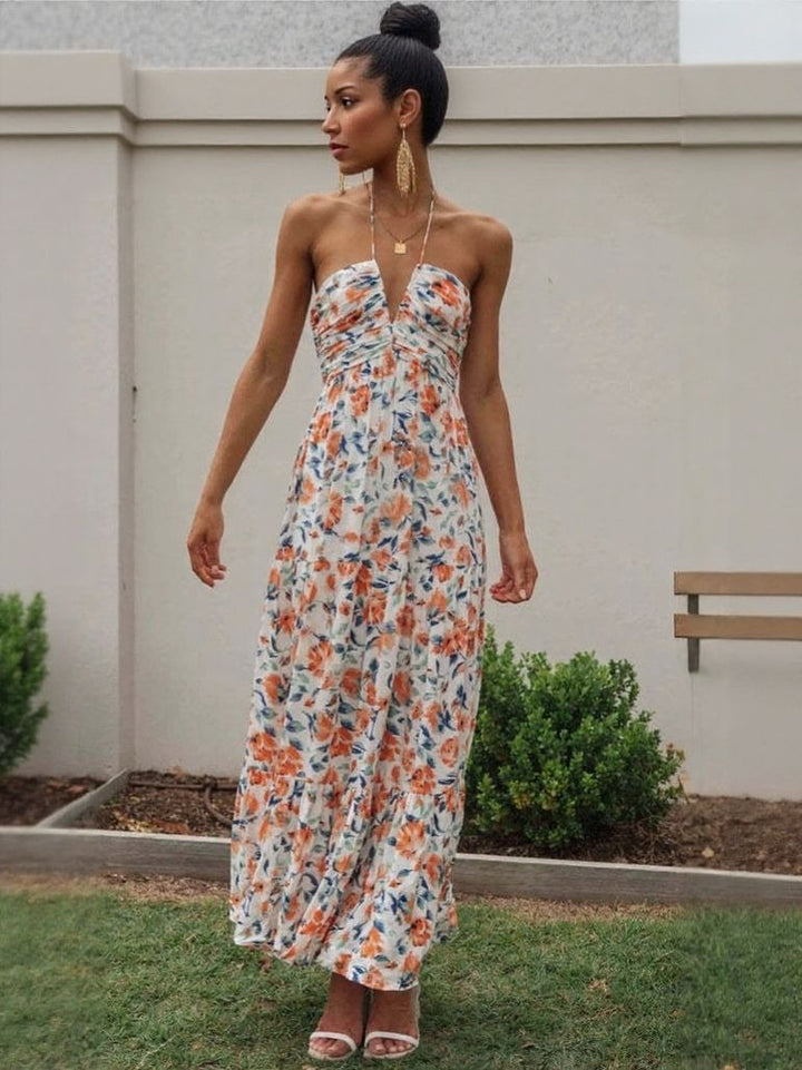 Multi Halter Neck Fit And Flare Maxi Dress