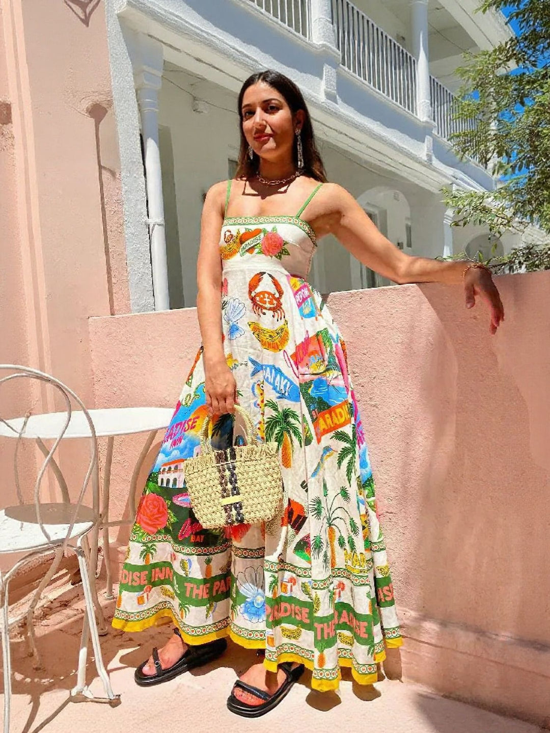 Off White Tropical Print Flared Maxi Dress