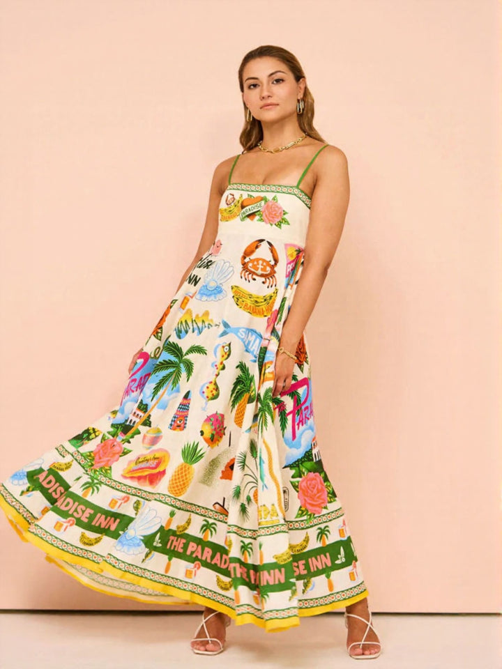 Off White Tropical Print Flared Maxi Dress