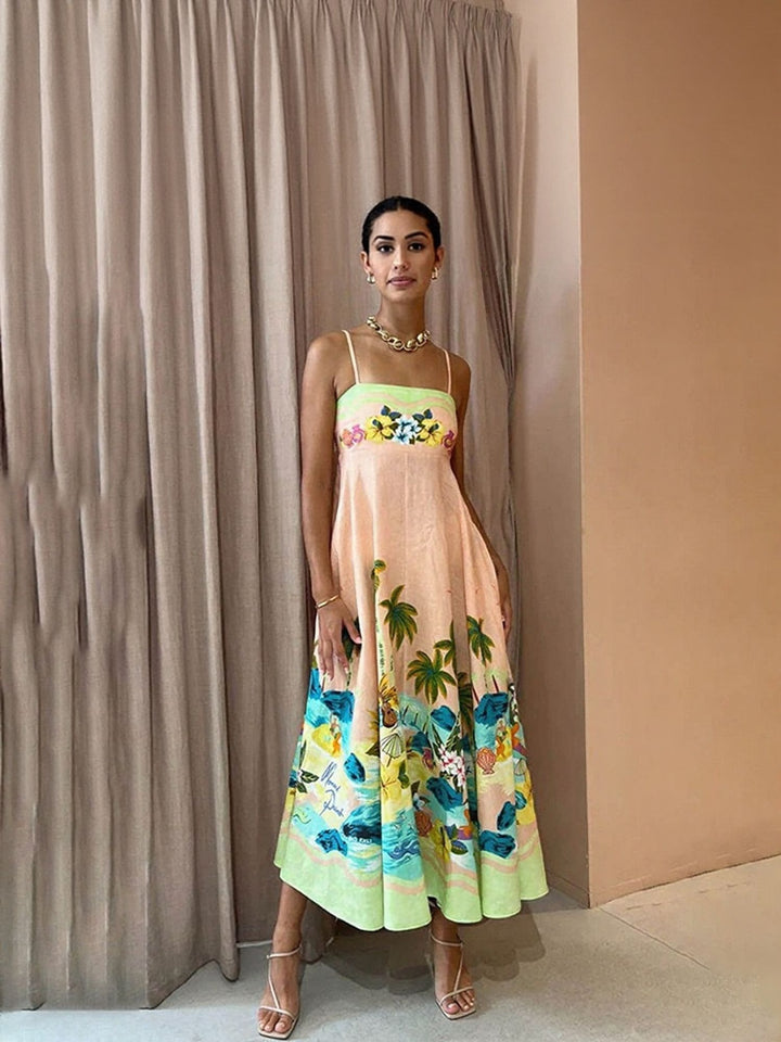 Orange Tropical Print Fit And Flare Midi Dress