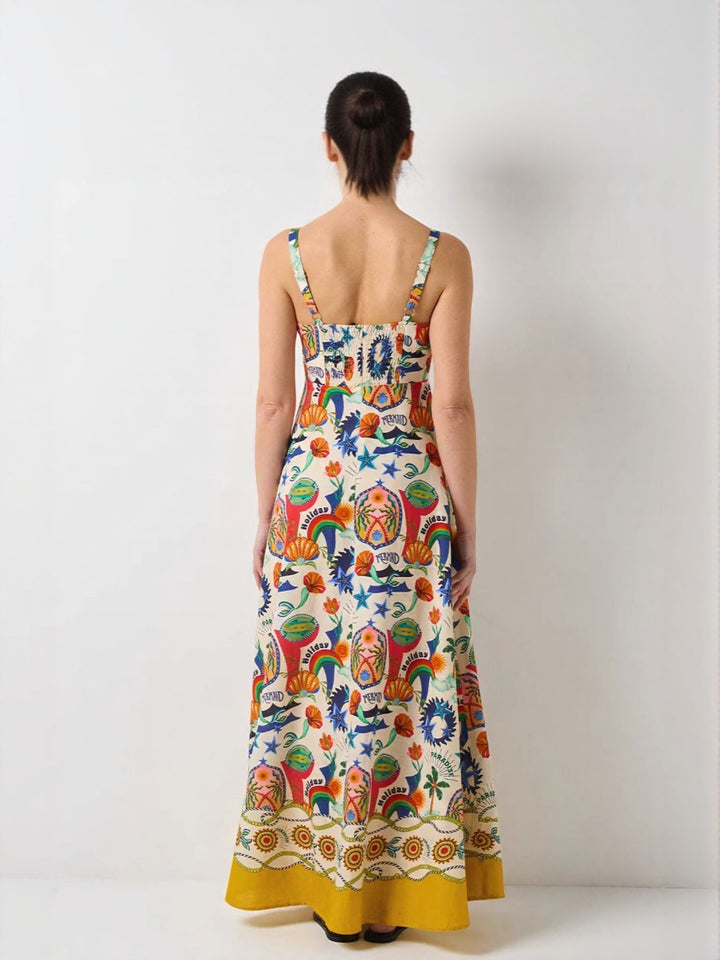 Off White Abstract Print Fit And Flare Maxi