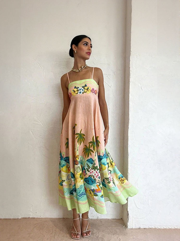 Orange Tropical Print Fit And Flare Midi Dress