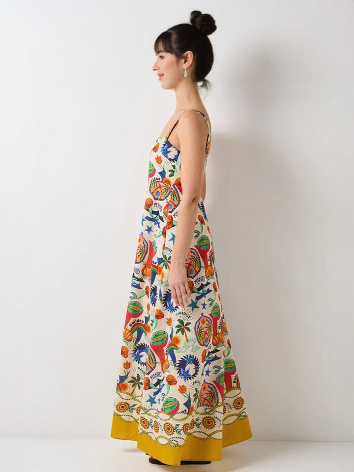 Off White Abstract Print Fit And Flare Maxi