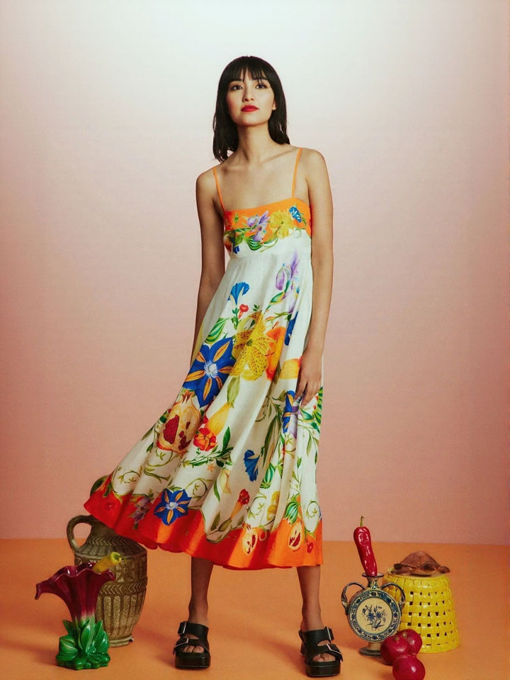Orange Oriental Floral Print Fit And Flare Midi Dress