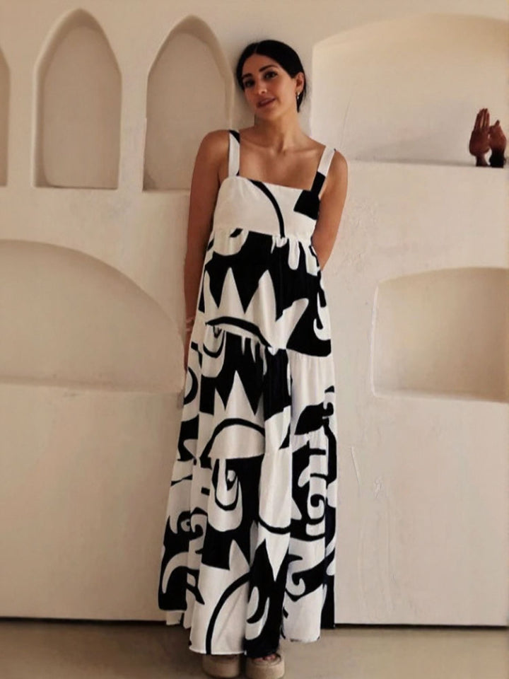 Black Flared Tiered Maxi Dress With Straps
