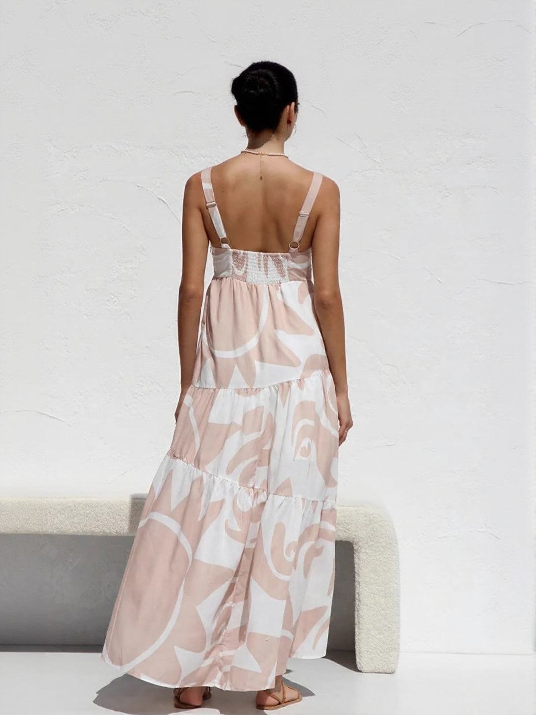 Pink Flared Tiered Maxi Dress With Straps