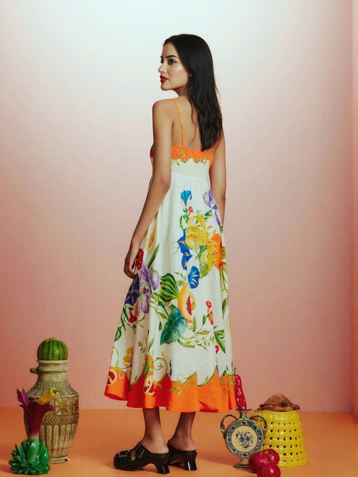 Orange Oriental Floral Print Fit And Flare Midi Dress