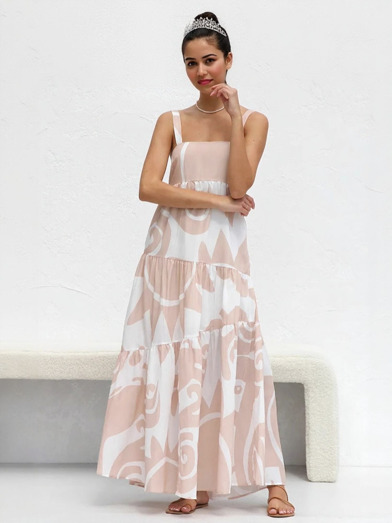 Pink Flared Tiered Maxi Dress With Straps