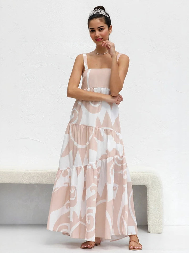 Pink Flared Tiered Maxi Dress With Straps