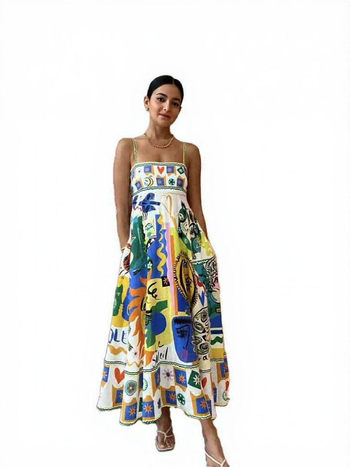 Yellow Abstract Print Fit And Flare Maxi Dress