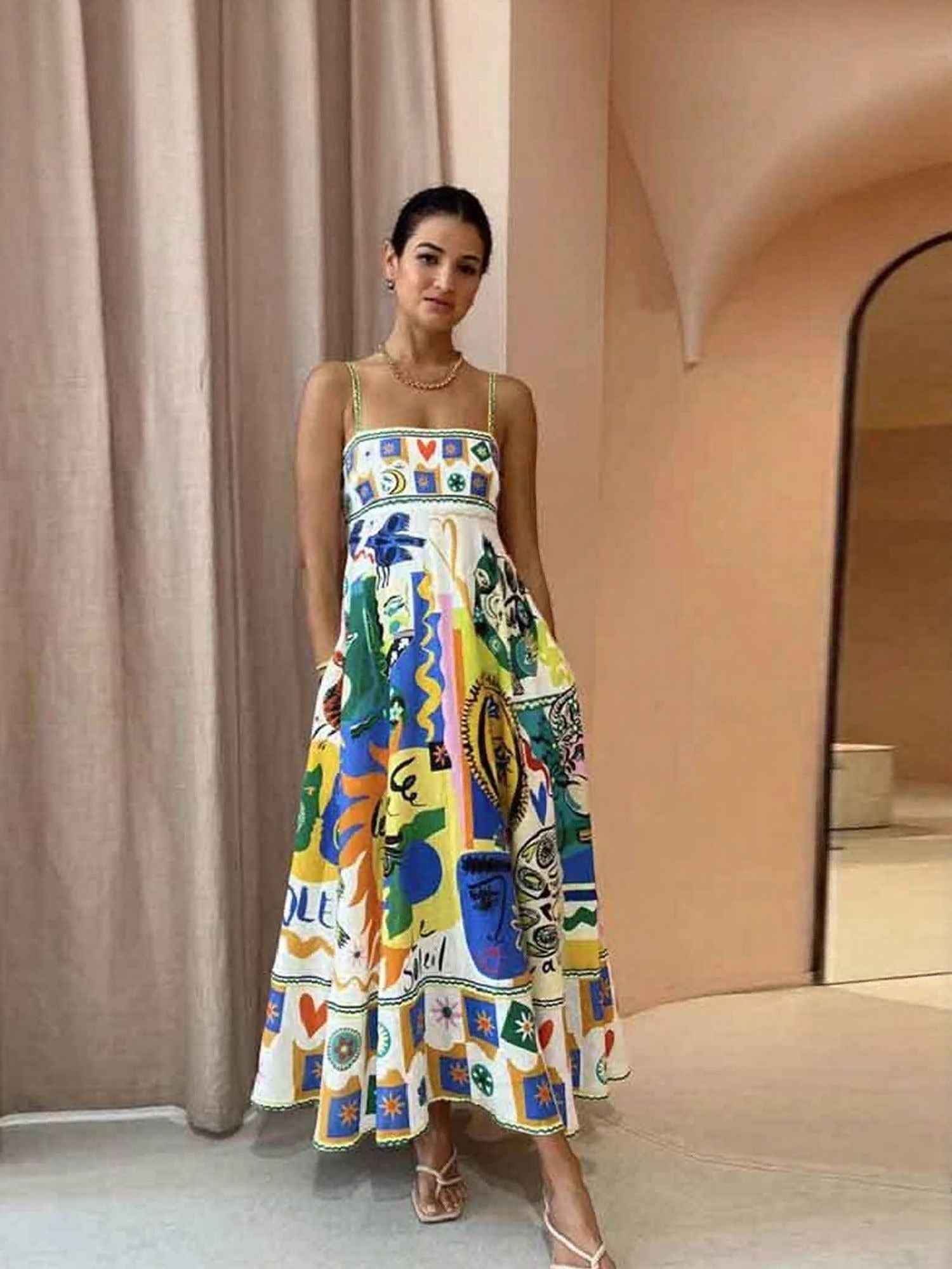 Yellow Abstract Print Fit And Flare Maxi Dress
