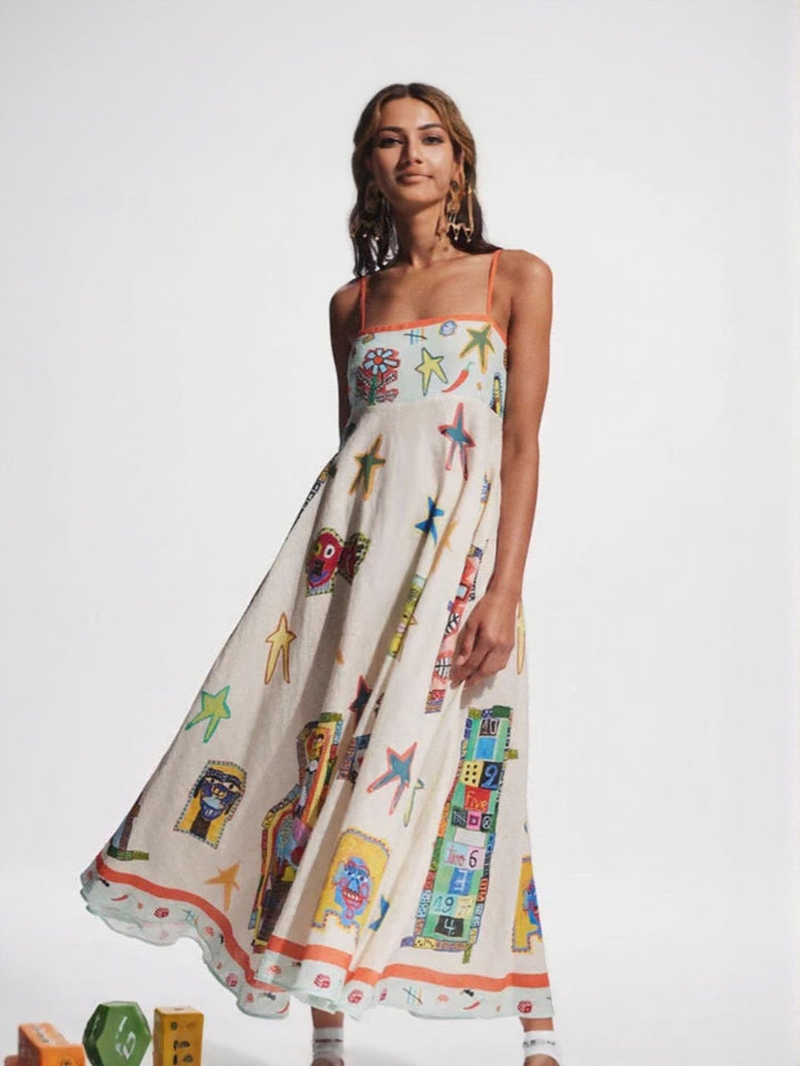 White Abstract Print Fit And Flare Maxi Dress