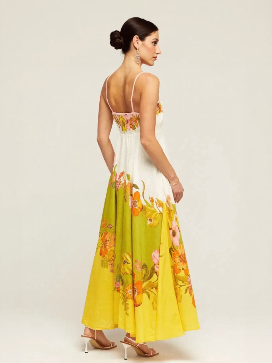 Yellow Palcement Print Floral Fit And Flare Maxi Dress
