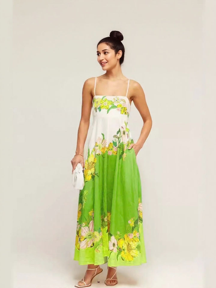 Green Palcement Print Floral Fit And Flare Maxi Dress