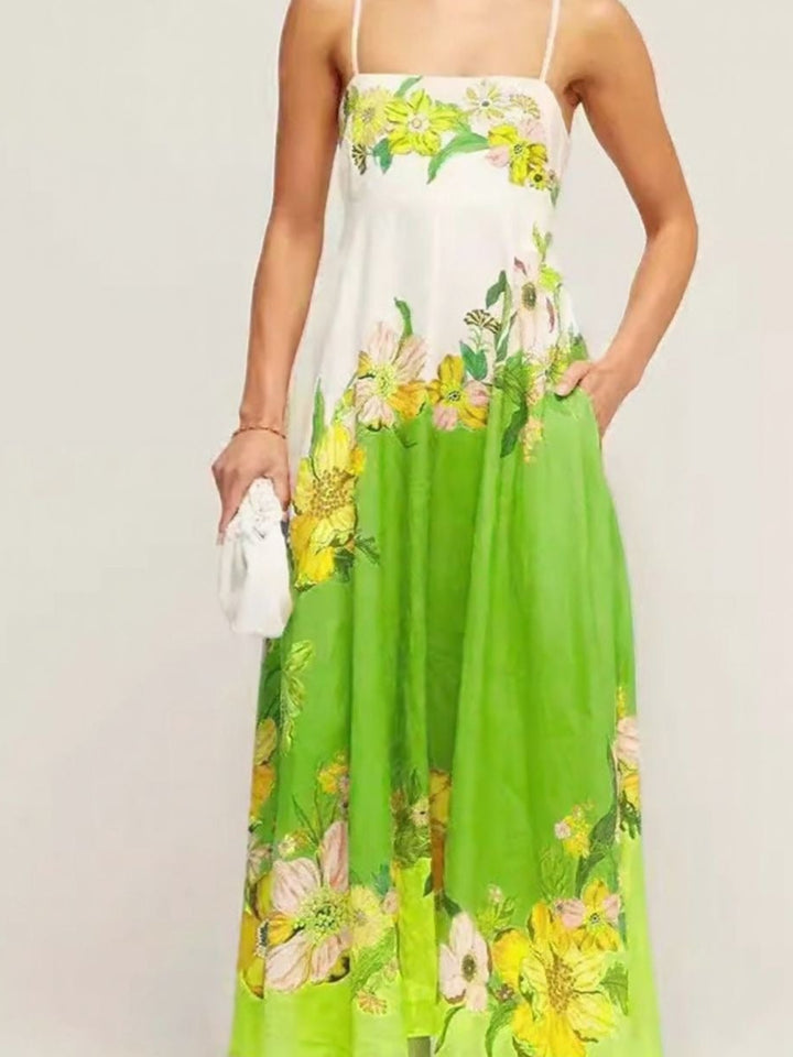 Green Palcement Print Floral Fit And Flare Maxi Dress