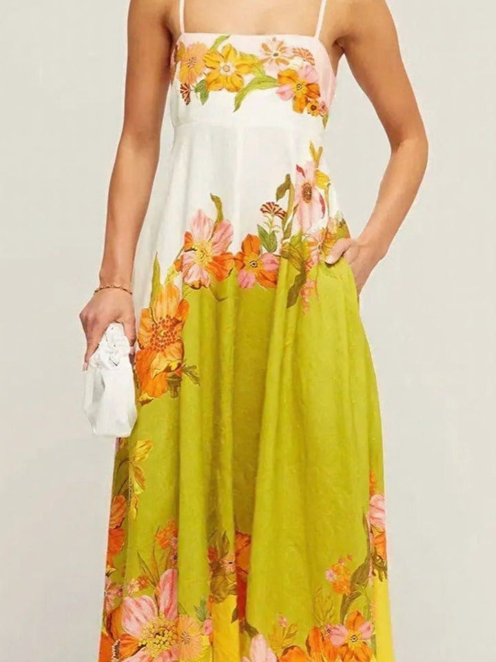 Yellow Palcement Print Floral Fit And Flare Maxi Dress