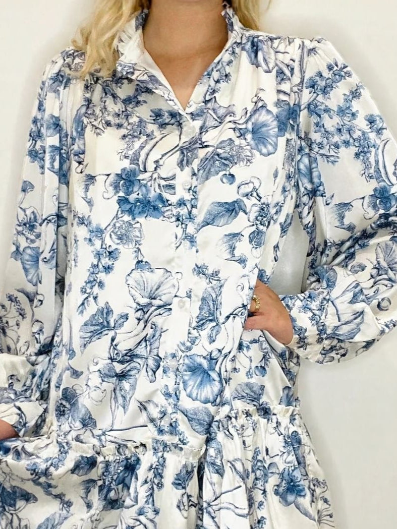 White Oriental Floral Print Skater Dress