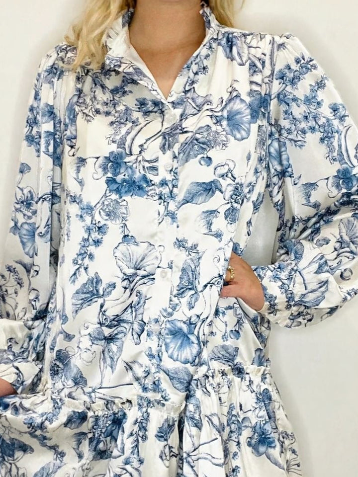White Oriental Floral Print Skater Dress