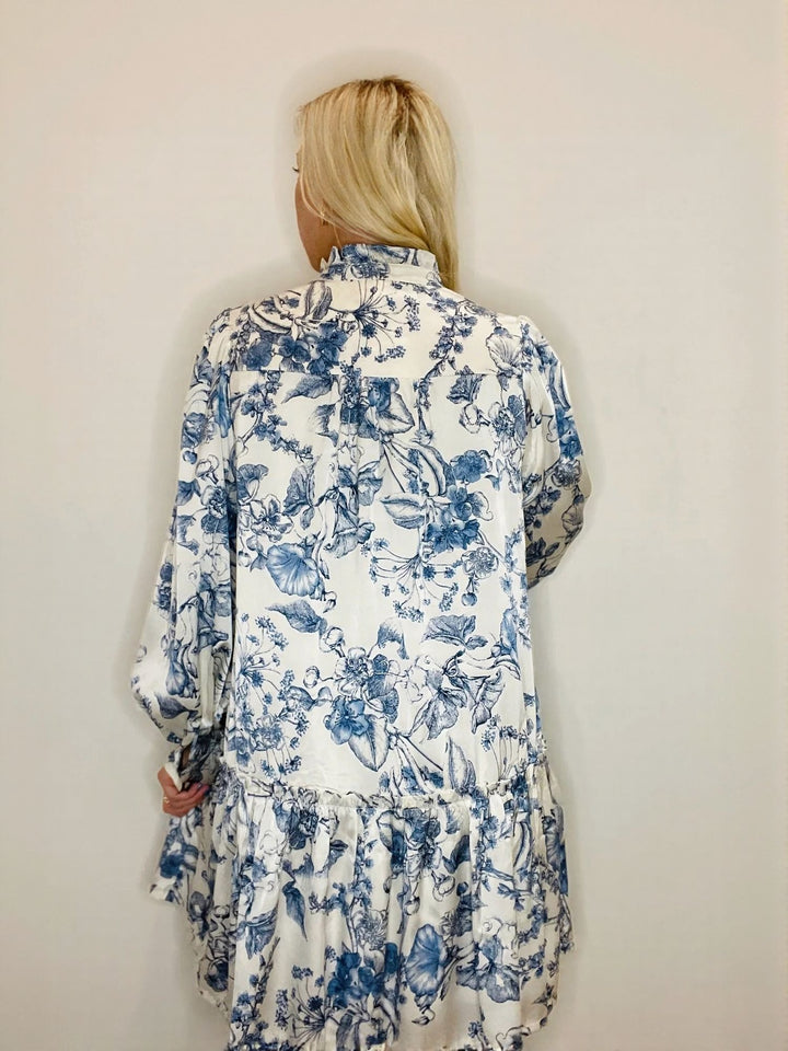 White Oriental Floral Print Skater Dress
