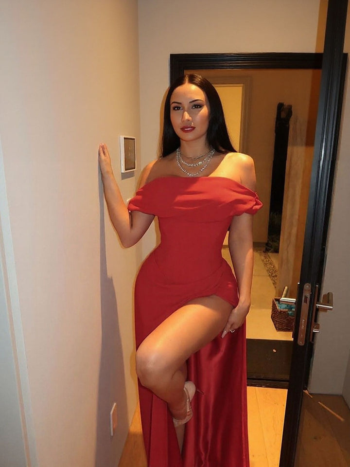 Red Off Shoulder High Slit Dress