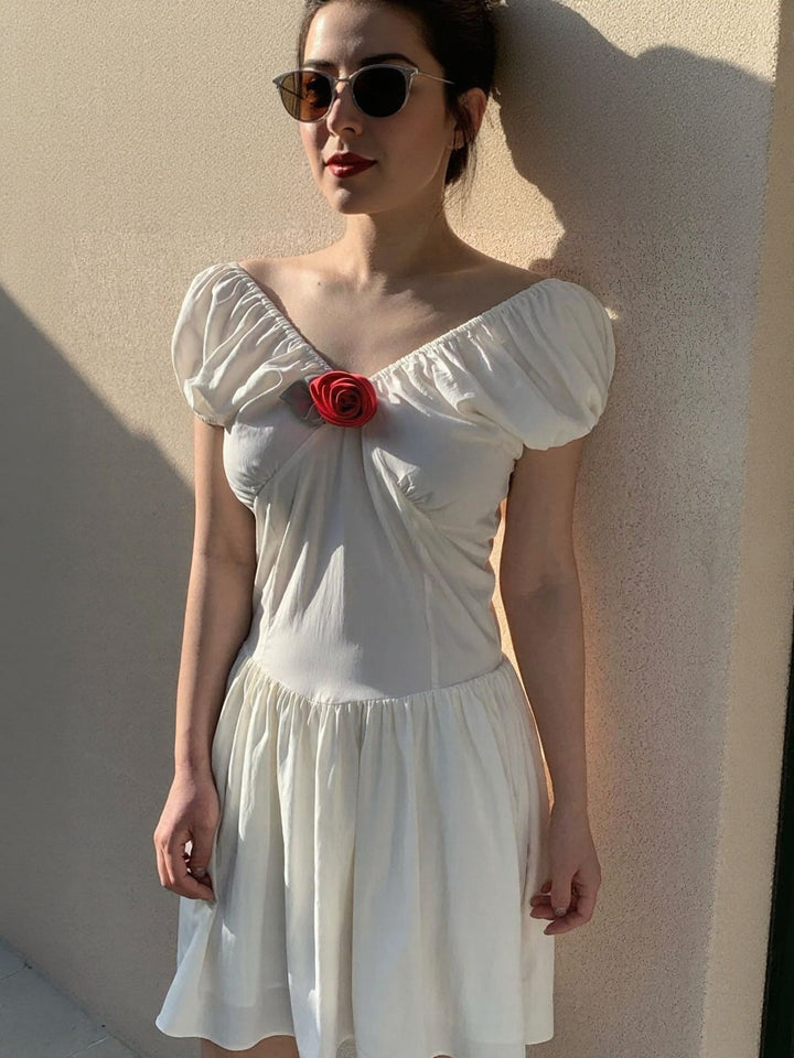 White V Neck Bust Fitted Drop Waist Skater Dress