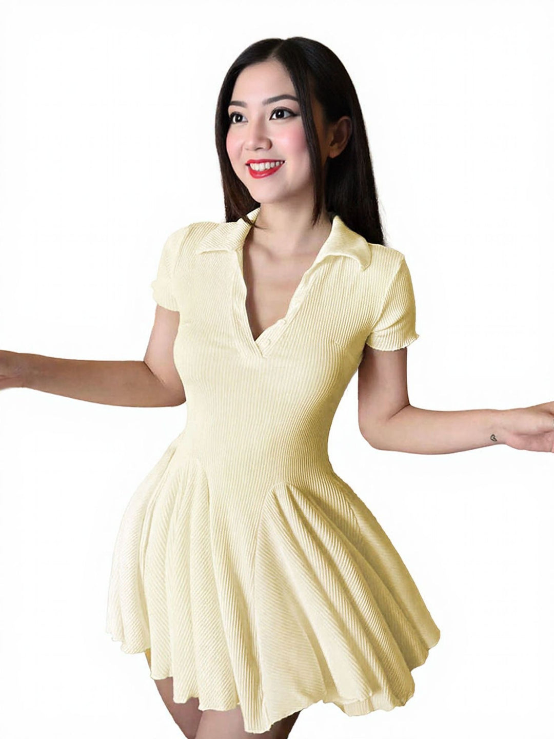 Off White V Neck Collar Fit And Flare Dress
