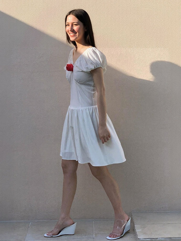 White V Neck Bust Fitted Drop Waist Skater Dress