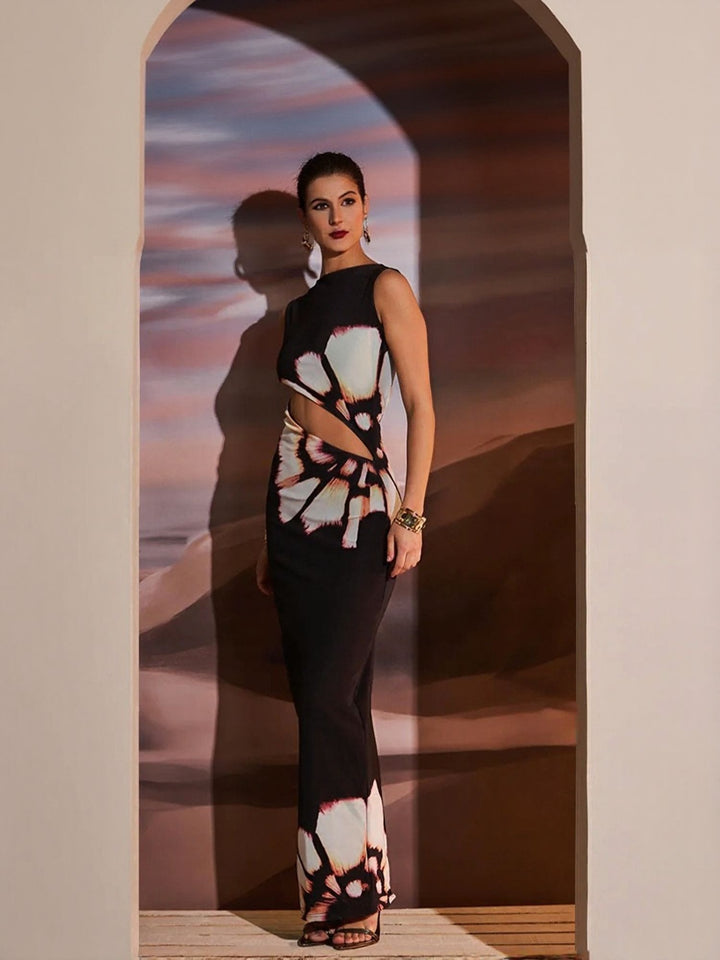 Black Front Cut Out Floral Print Slim Dress