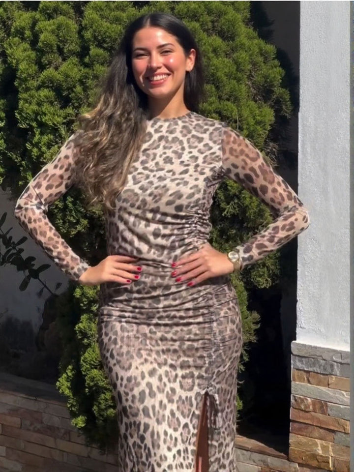 Brown Slit At Thigh Animal Print Midi Dress