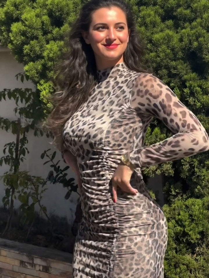 Brown Slit At Thigh Animal Print Midi Dress
