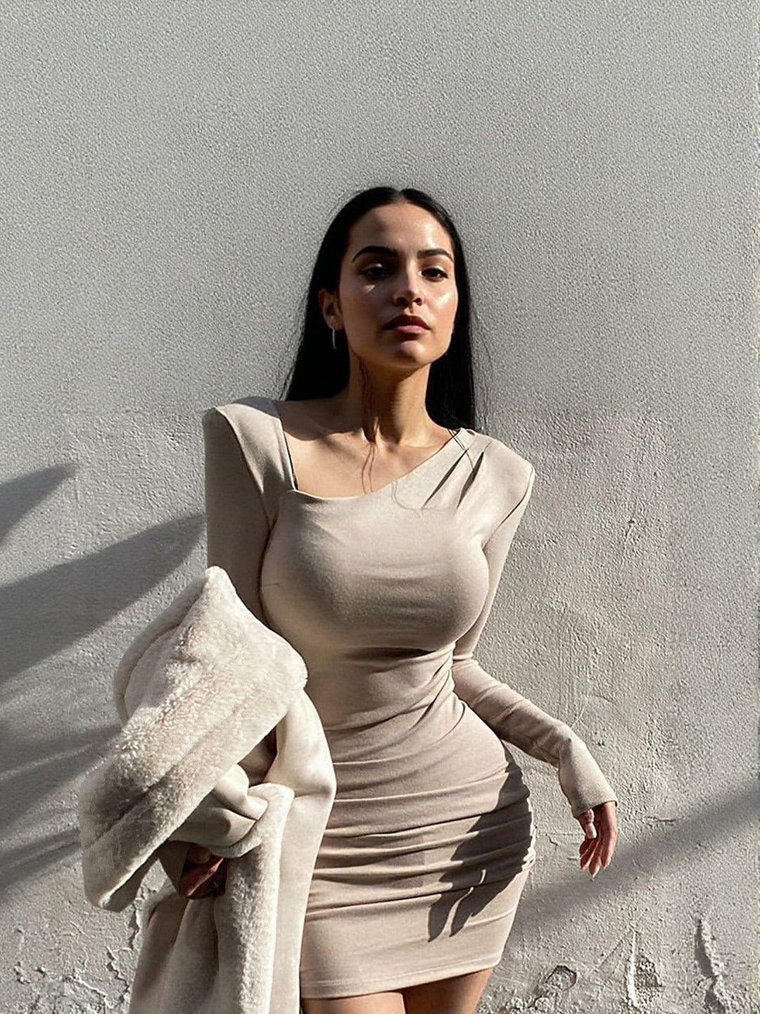 Off White Asymmetric Neck Full Sleeves Bodycon Dress