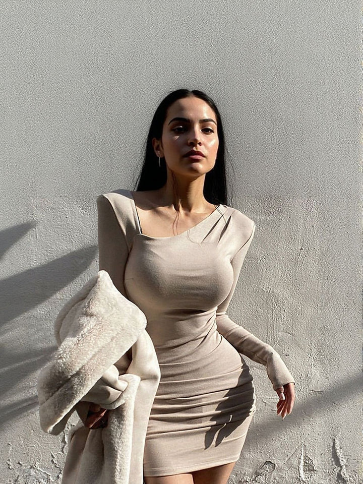 Off White Asymmetric Neck Full Sleeves Bodycon Dress
