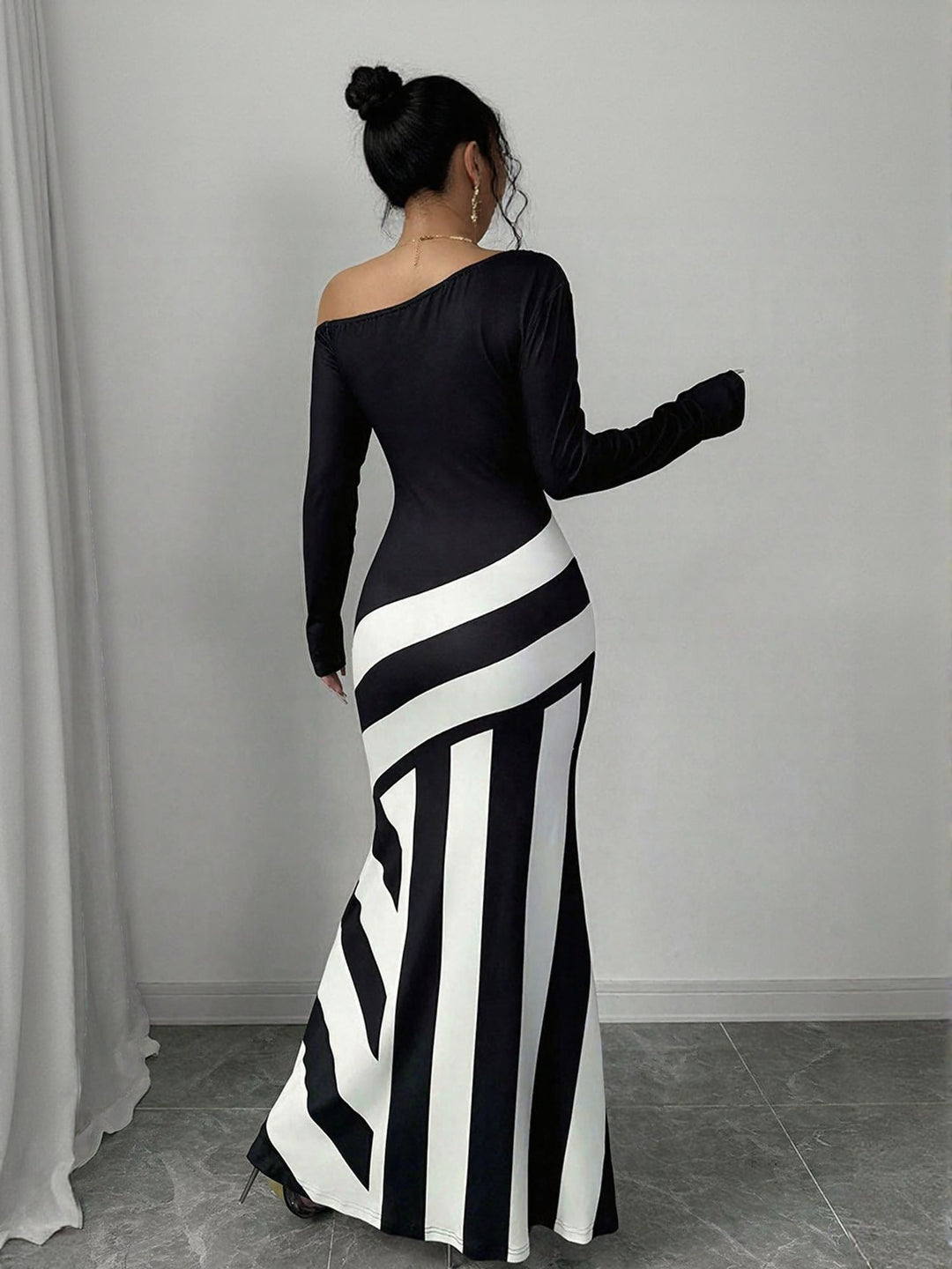 Black One Shoulder Full Sleeves Flared Dress