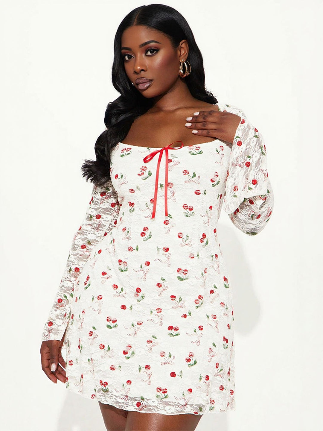 White Cherry Print A-Line Dress
