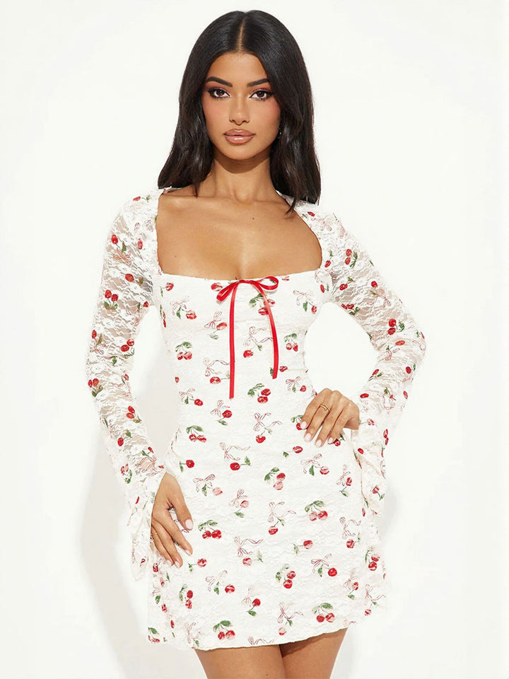 White Cherry Print A-Line Dress