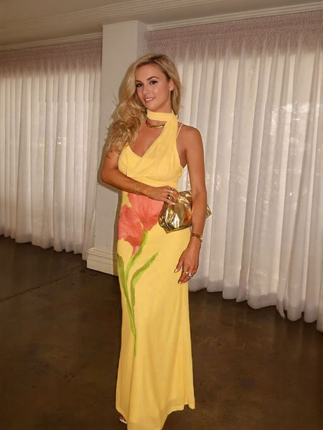 Yellow Placement Print Neck Scarf Sleeveless Maxi Dress