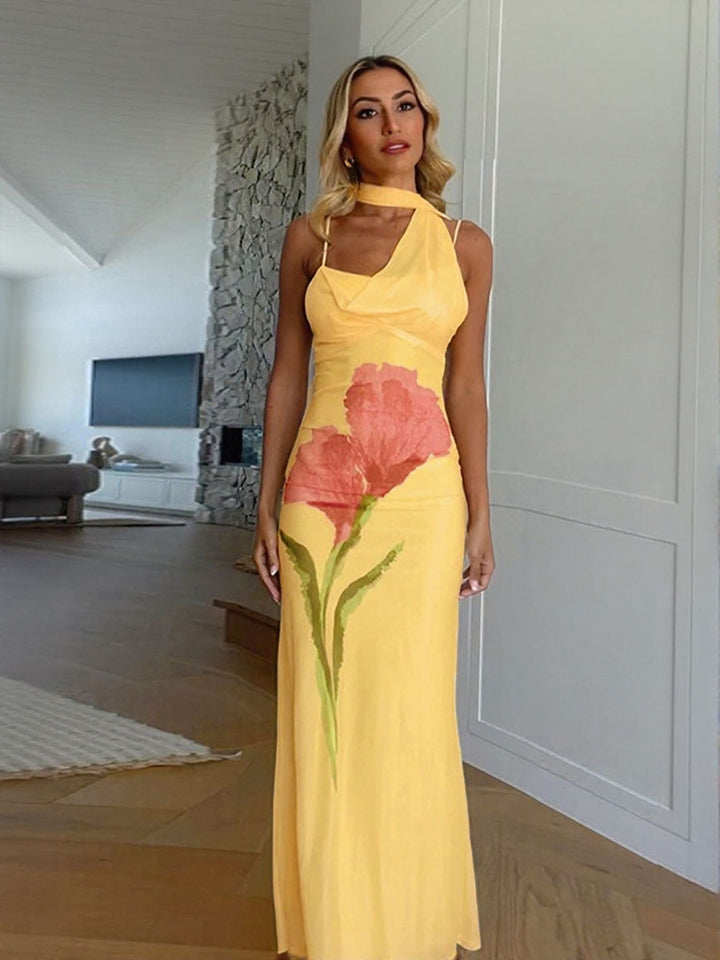 Yellow Placement Print Neck Scarf Sleeveless Maxi Dress