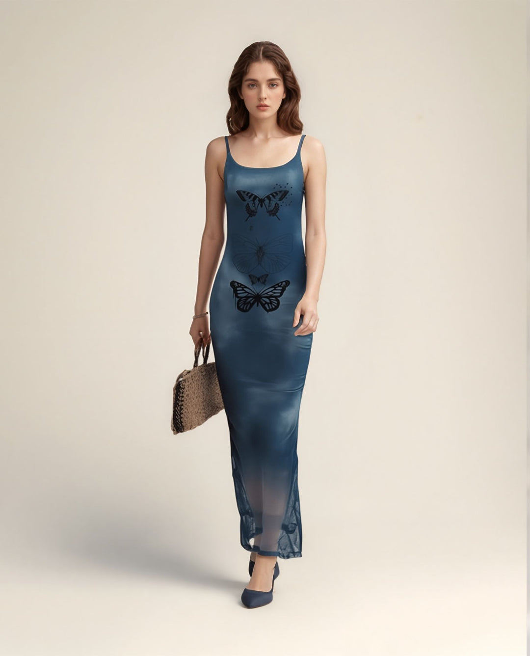 Blue Tie Dye Butterfly Print Slip Dress