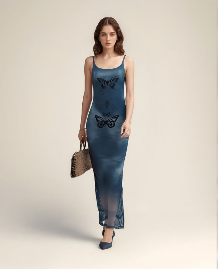 Blue Tie Dye Butterfly Print Slip Dress