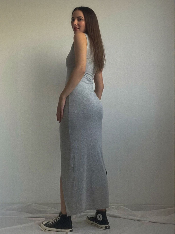 Grey Cap Sleeves High Slit Dress