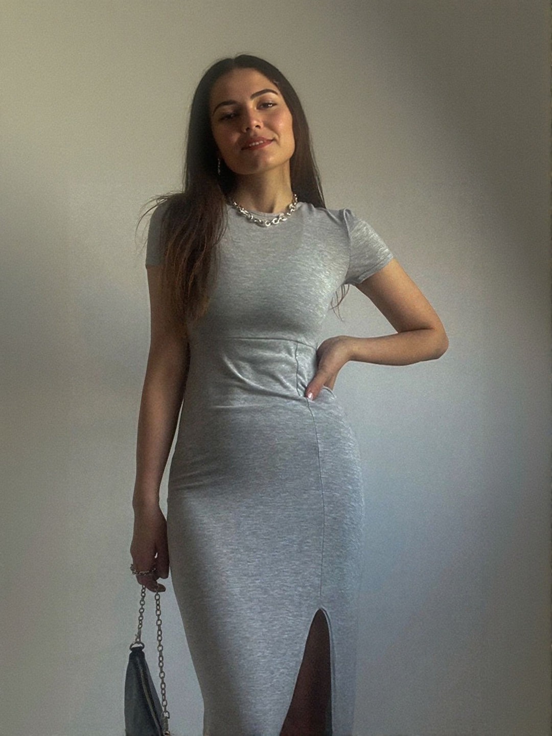 Grey Cap Sleeves High Slit Dress