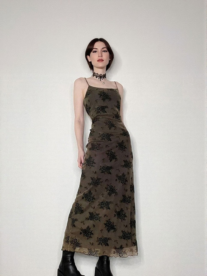 Green Floral Print Slip Maxi Dress