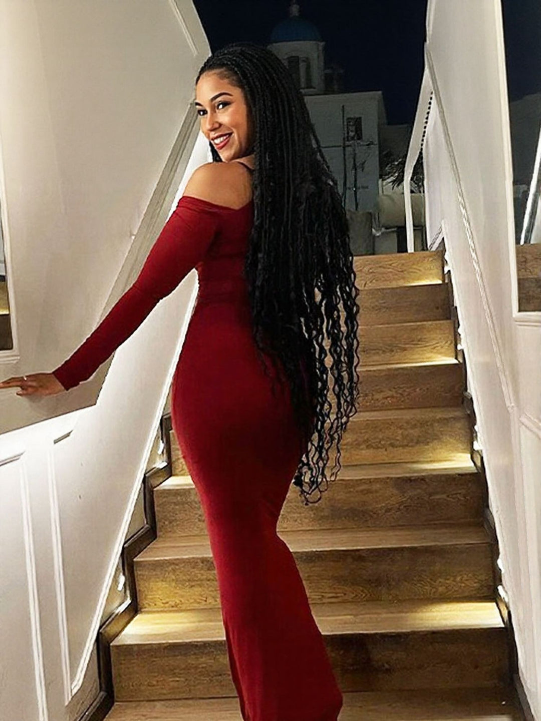 Red One Shoulder Full Sleeves Dress