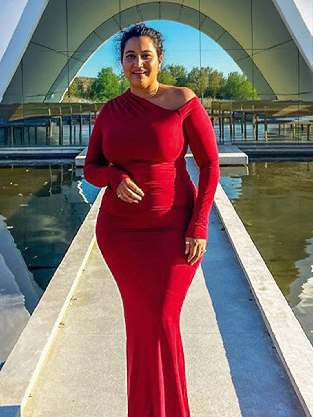Red One Shoulder Full Sleeves Dress