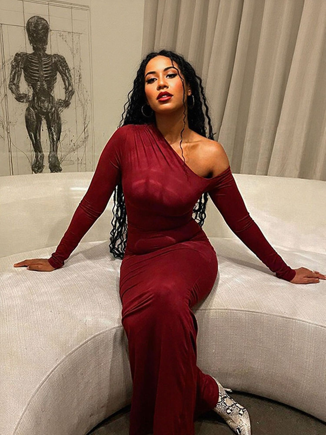 Red One Shoulder Full Sleeves Dress