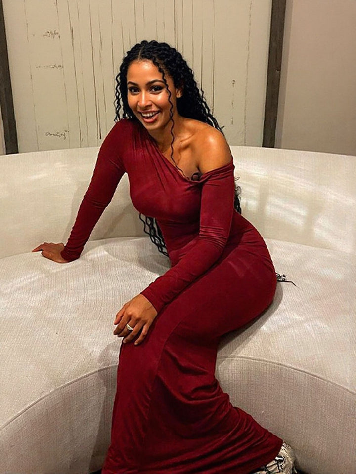 Red One Shoulder Full Sleeves Dress