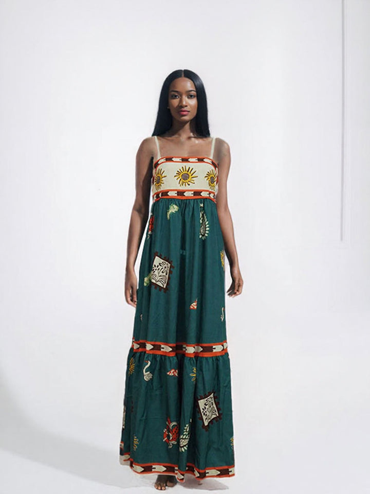 Green Tribal Print Maxi Dress