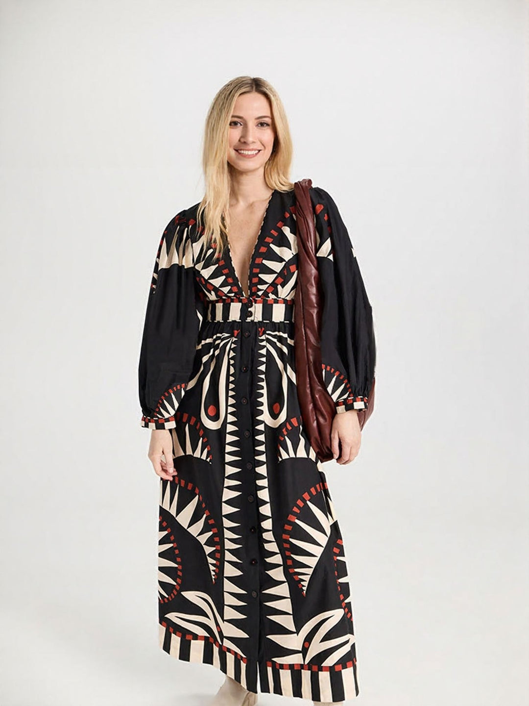 Black Placement Tribal Print Shirt Maxi Dress